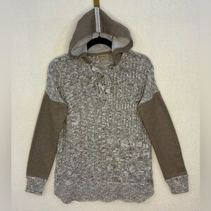 Democracy Brown & White Cable Knit Sweater Hoodie. Front Lace Up Detail. Size S